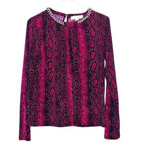 Michael Michael Kors Snakeskin Print Chain Neck Long Sleeve Top Pink Size Small